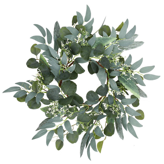 Artificial Green Eucalyptus Wreath,15 inches Greenery Wreath with Clusters of White Flowers Mini Spring/Summer Wreath for Front Door Wall Window Decor