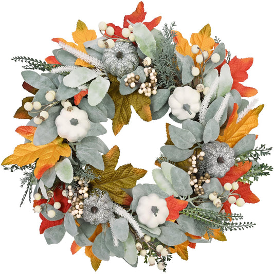 Fall Decor - Fall Wreaths for Front Door, 18" Autumn Wreath with Pumpkin, Maples Leaf, Berry, Fall Decorations for Home, Neutral Fall Porch Decor, Fall Wall Decor, Thanksgiving Farmhouse Decor