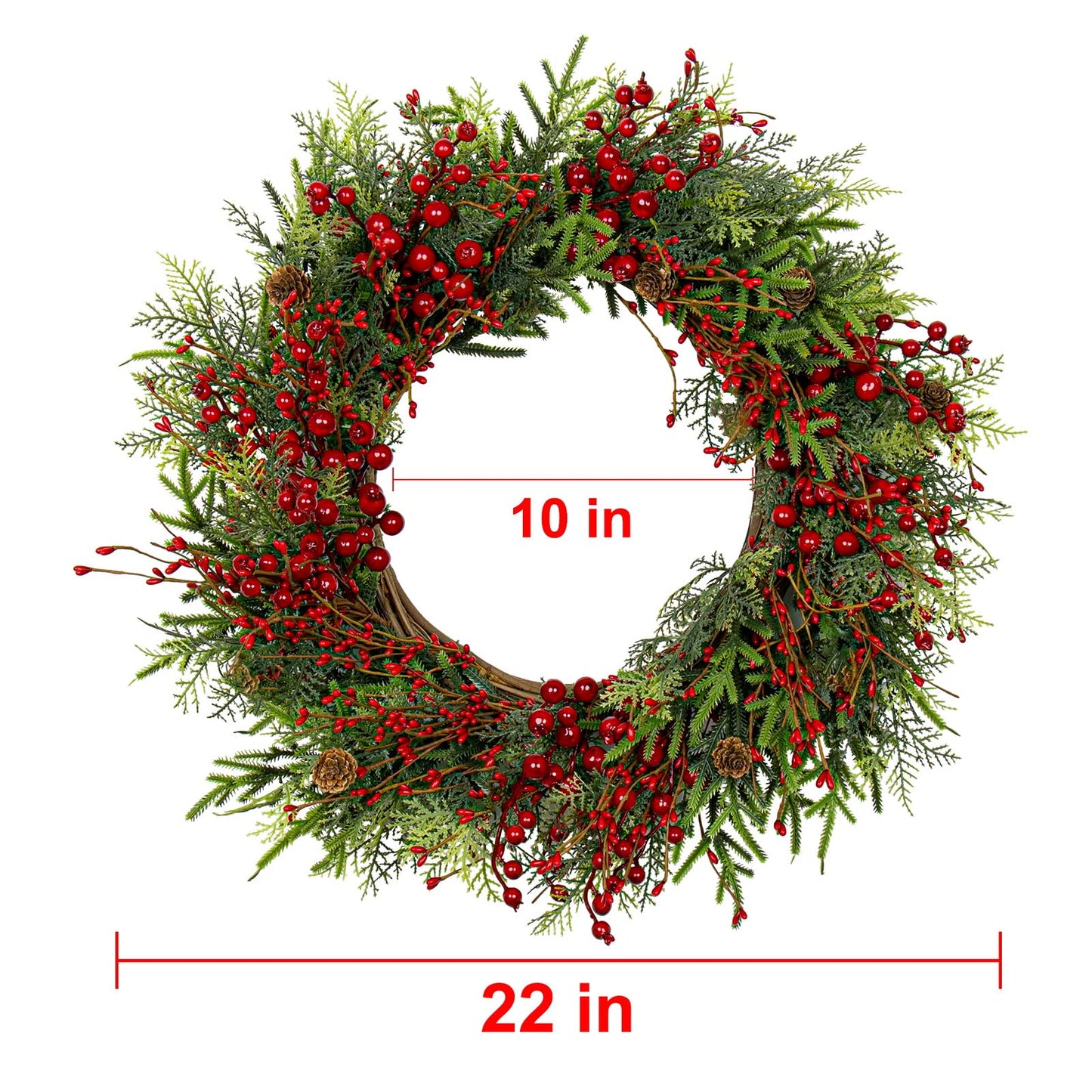 Artificial Christmas Wreath 22 Inch Christmas Wreaths for Front Door Large Winter Wreath with Pine Cones and Red Berries for Outdoor Indoor Holiday Xmas Celebration(Red)