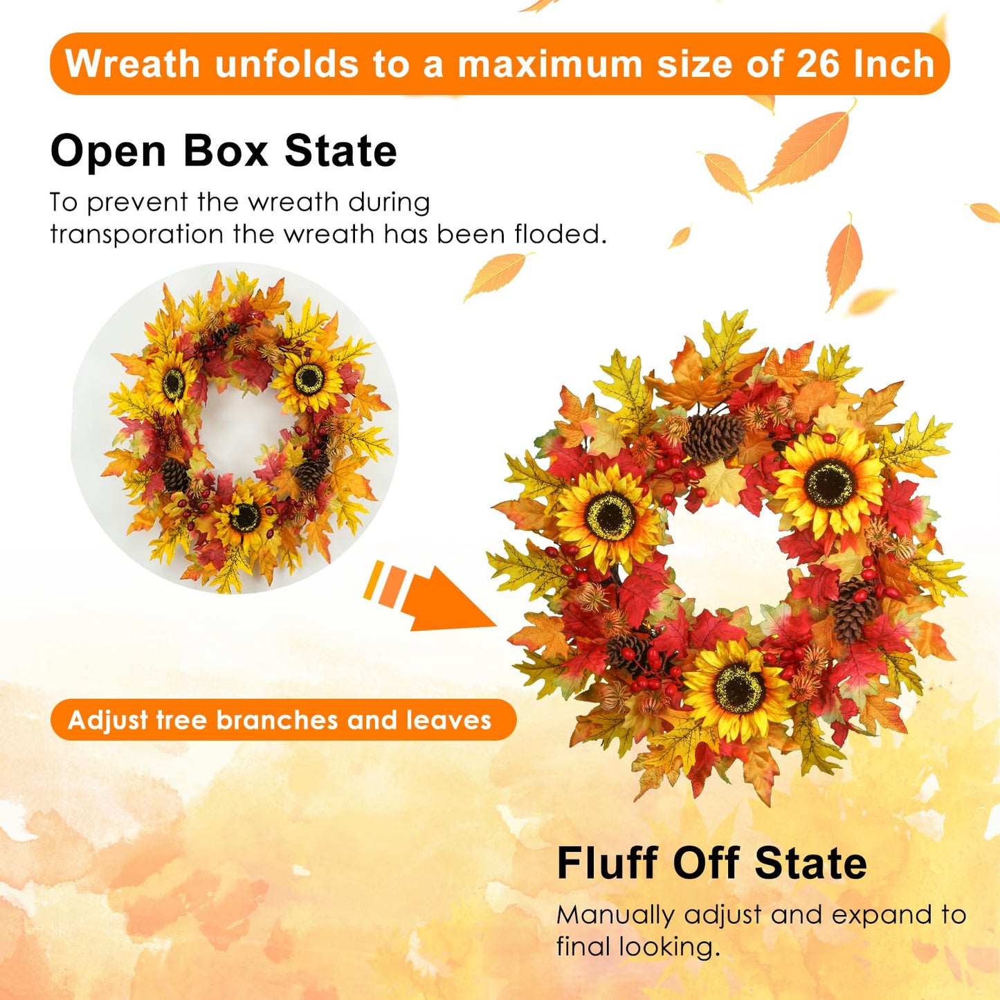 26 Inch Fall Wreath for Front Door, Artificial Autumn Wreath with Maple Leaves,Oak Leaves,Flowers,and Berries, Thanksgiving & Halloween Fall Decor for Indoor Outdoor Wall Window