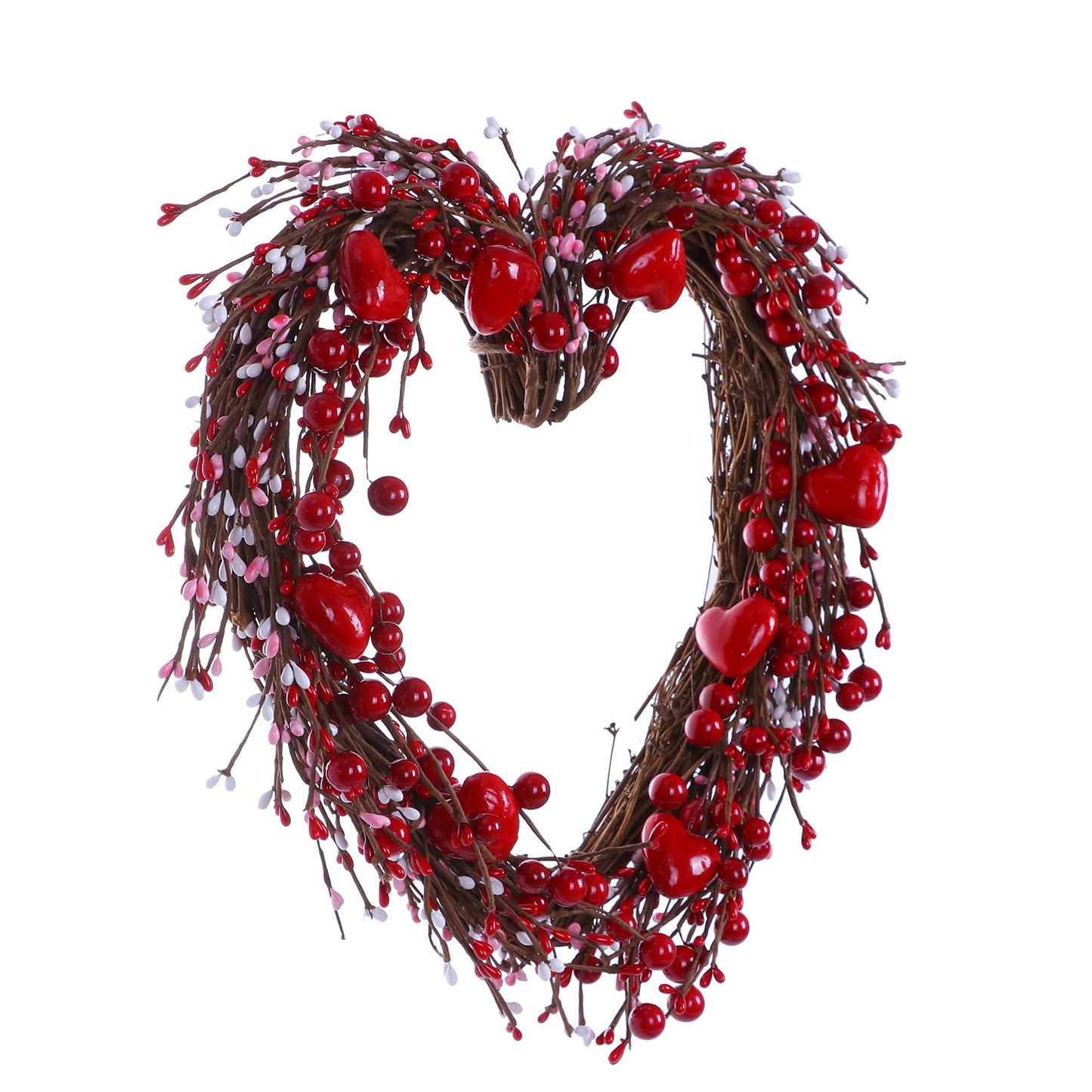 Valentine’s Day Wreath,15” Heart Shaped Wreath with Red Berries for Valentine’s Day Wedding Festival Decor