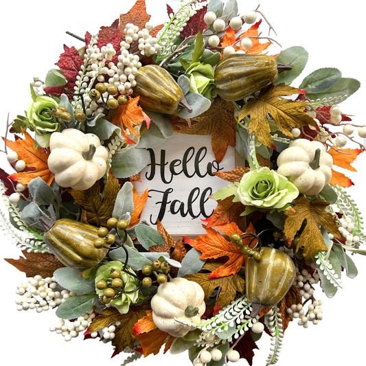 Bibelot Hello Fall Wreath 22’’ Autumn Front Door Wreath, Harvest Wreath with Various Pumpkin Cluster of Berries Maple Leaves Pine Cones for Outside Indoor Wall Thanksgiving Fall Autumn Decor