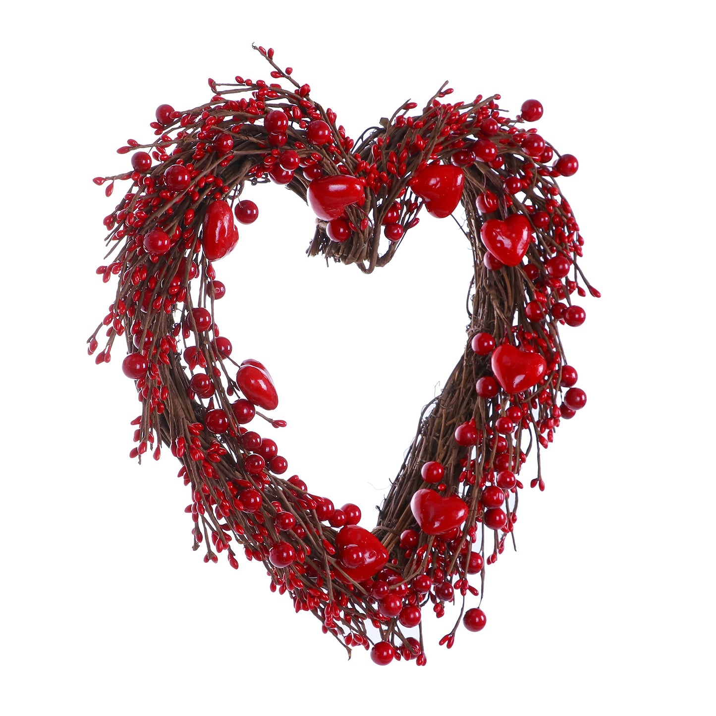 Valentine’s Day Wreath,15” Heart Shaped Wreath with Red Berries for Valentine’s Day Wedding Festival Decor