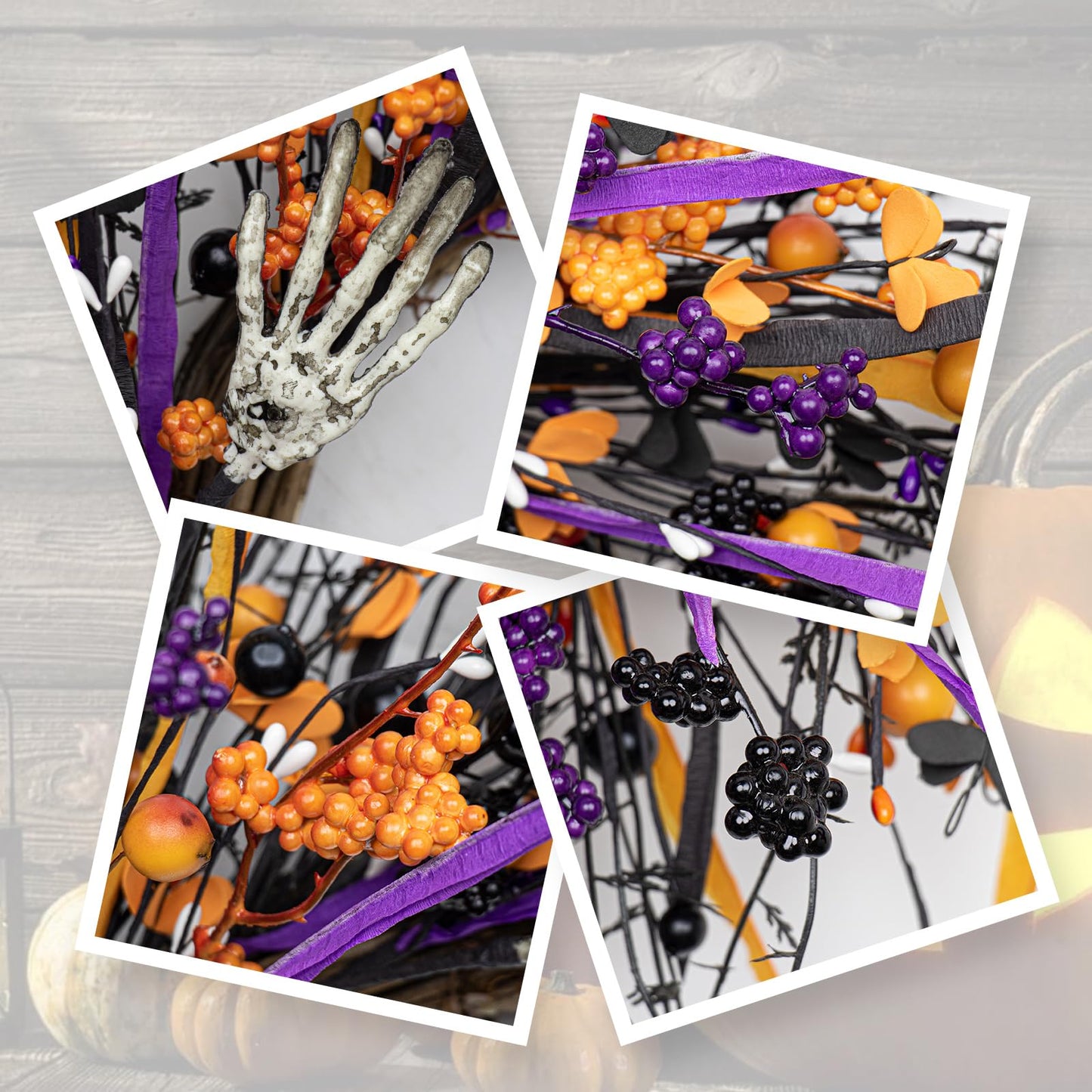 Halloween Wreaths for Front Door 22 Inch Skeleton Black Halloween Wreath Handmade Halloween Door Wreath with Purple and Orange Berries for Halloween Gothic Decorations