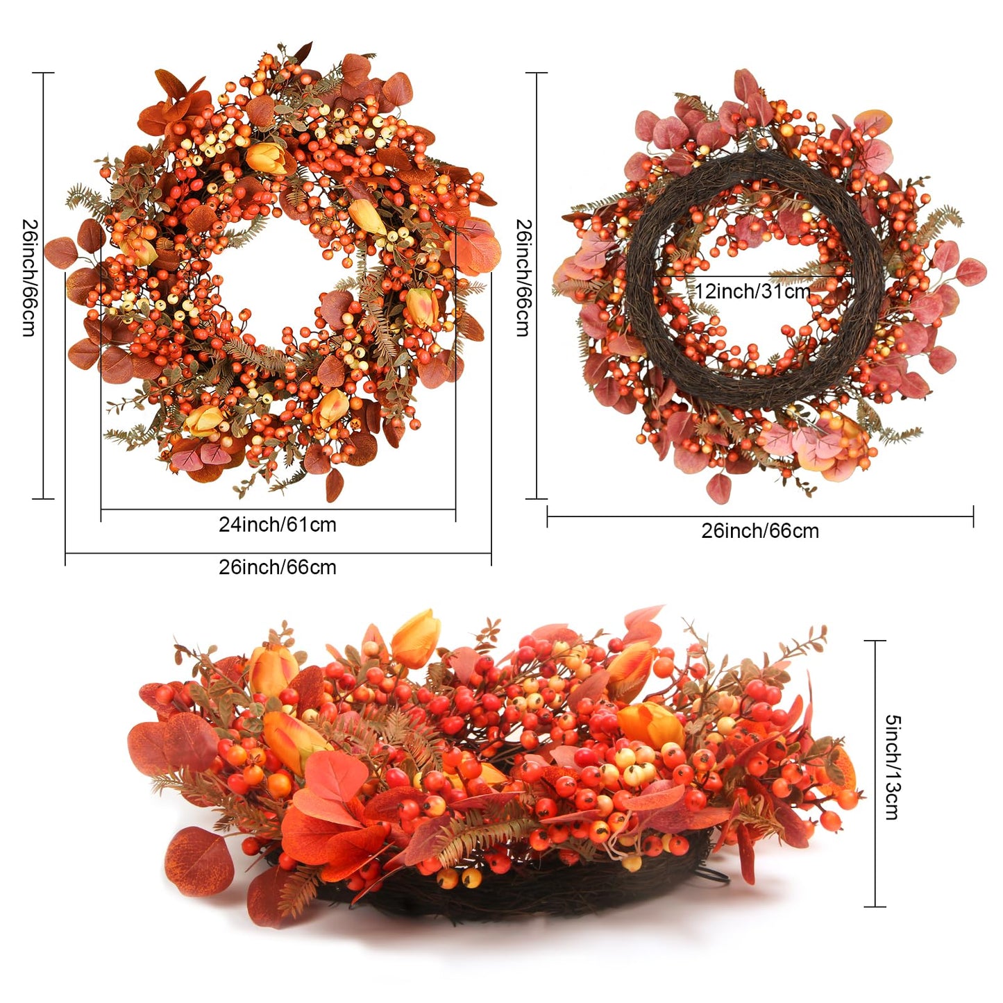 26 Inch Fall Wreath for Front Door, Artificial Autumn Wreath with Maple Leaves,Oak Leaves,Flowers,and Berries, Thanksgiving & Halloween Fall Decor for Indoor Outdoor Wall Window