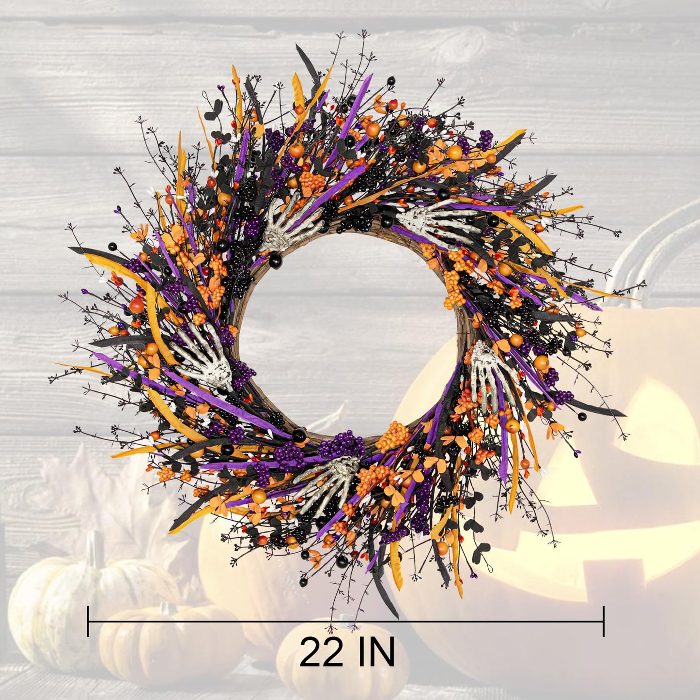 Halloween Wreaths for Front Door 22 Inch Skeleton Black Halloween Wreath Handmade Halloween Door Wreath with Purple and Orange Berries for Halloween Gothic Decorations