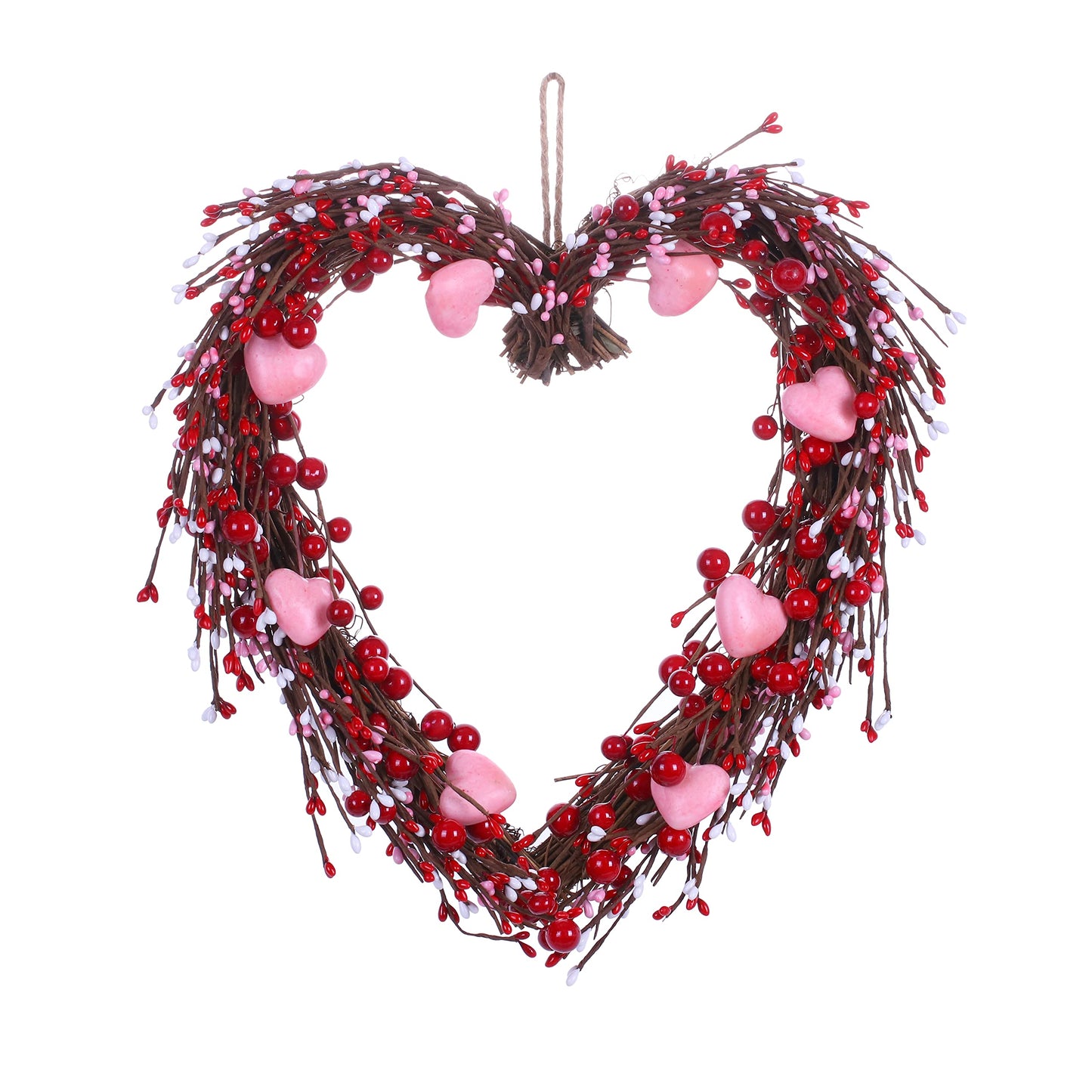 Valentine’s Day Wreath,15” Heart Shaped Wreath with Red Berries for Valentine’s Day Wedding Festival Decor