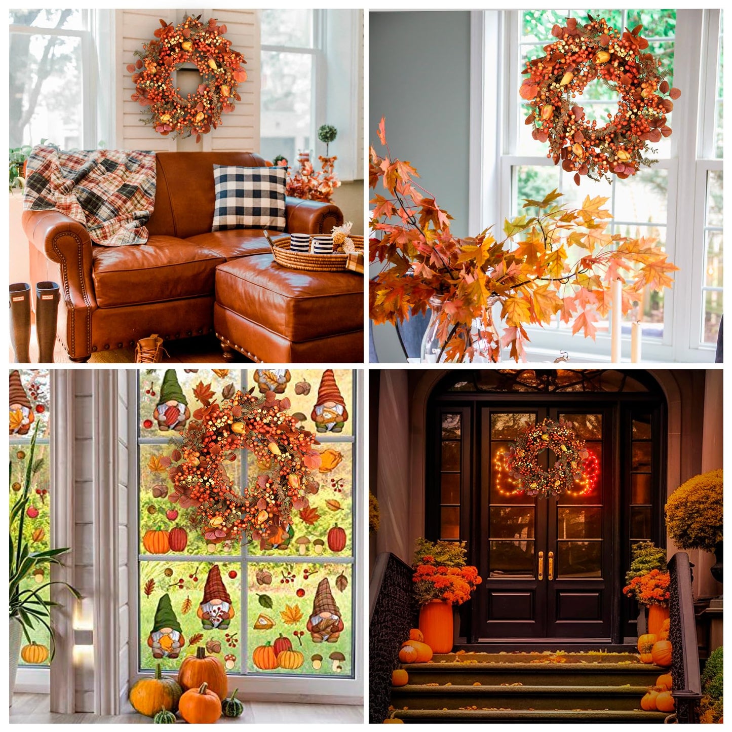 26 Inch Fall Wreath for Front Door, Artificial Autumn Wreath with Maple Leaves,Oak Leaves,Flowers,and Berries, Thanksgiving & Halloween Fall Decor for Indoor Outdoor Wall Window