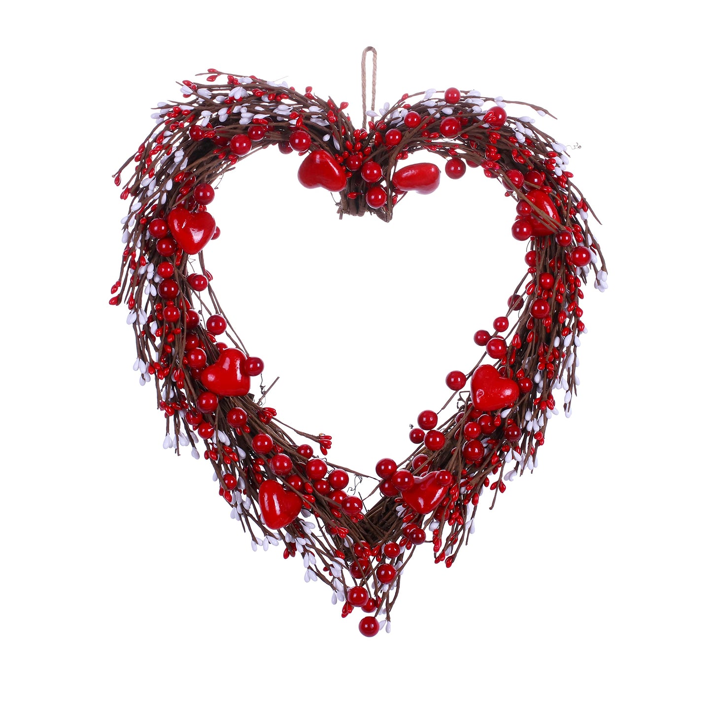 Valentine’s Day Wreath,15” Heart Shaped Wreath with Red Berries for Valentine’s Day Wedding Festival Decor