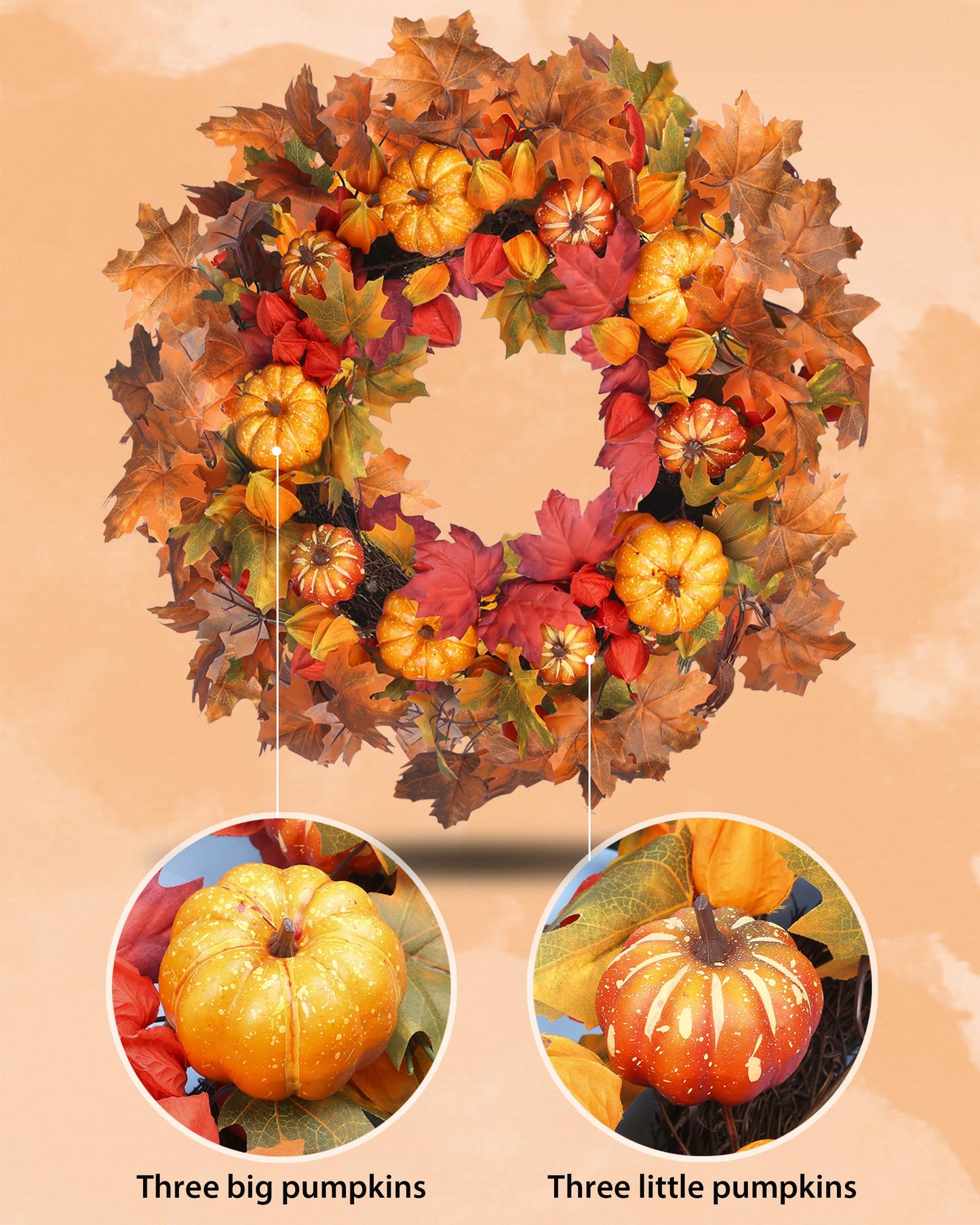 26 Inch Fall Wreath for Front Door, Artificial Autumn Wreath with Maple Leaves,Oak Leaves,Flowers,and Berries, Thanksgiving & Halloween Fall Decor for Indoor Outdoor Wall Window