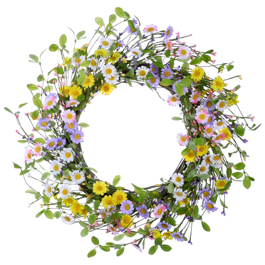 Summer Wreaths for Front Door 20 Inch Artificial Flower Wreath Colorful Daisy Wreath with Green Leaves and Berries for Kitchen Bedrooms Decorations