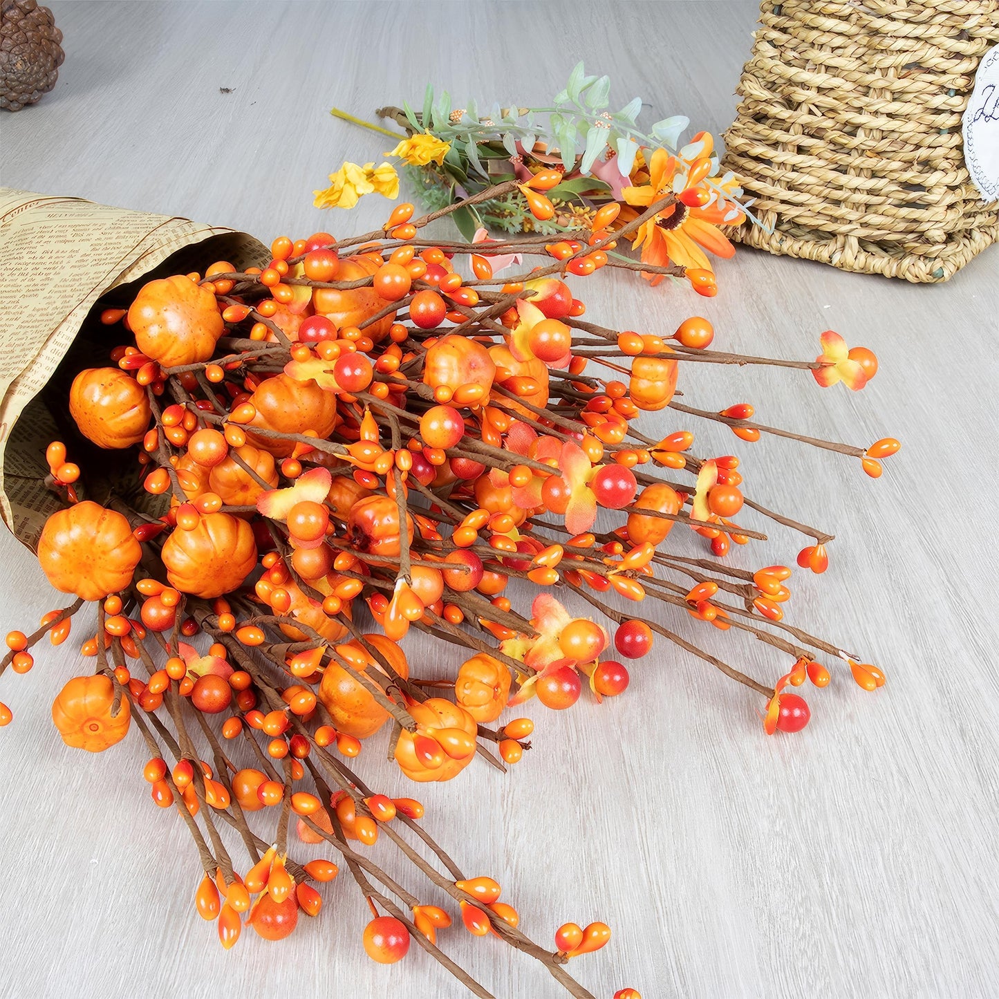 6Pcs Artificial Fall Berry Stems, Orange Pumpkin Picks Floral with Berry Fall Picks for Floral Arrangements, for Autumn Thanksgiving Home Table Centerpiece Decorations (17in)